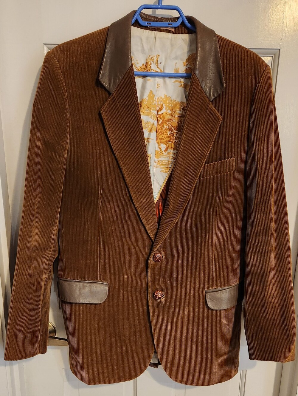 Cortefeil Brown Corduroy Blazer with Leather Trim , Bull Riding Print ,Size 40